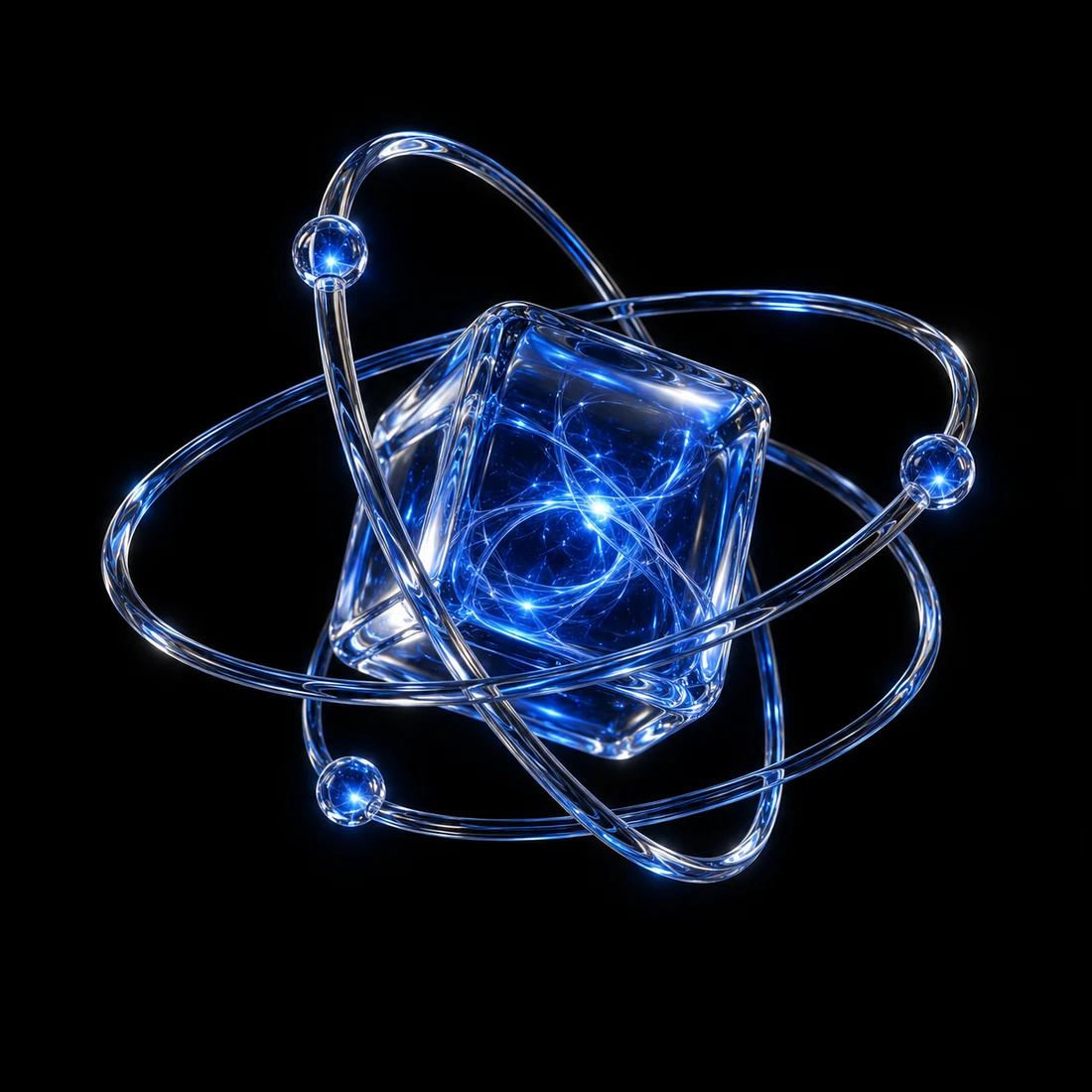 A luminous sapphire crystal core connected by three-dimensional glass orbits and tiny blue crystal satellites.